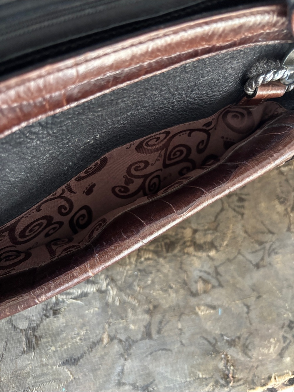 Brighton Mock Croc large Black Brown Leather Purse Doctor Style Bag Silver Trim - Picture 3 of 15